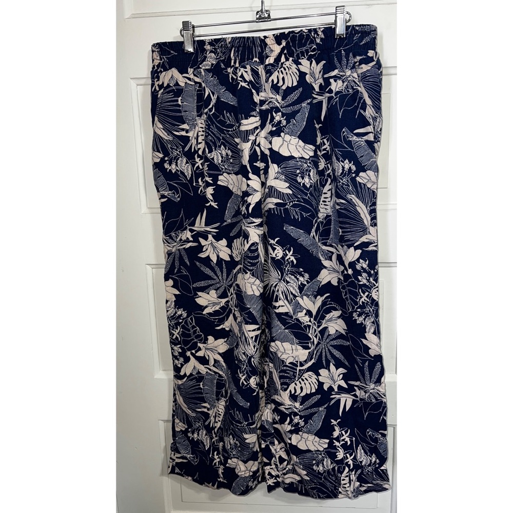 Navy Linen Pants Tropical Pattern